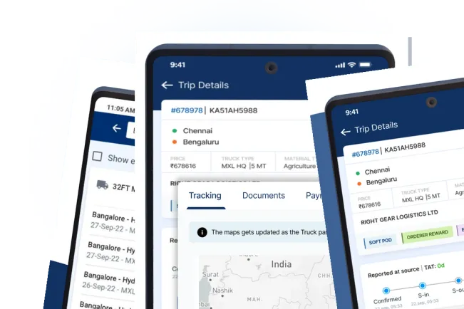 FR8 truck booking app showing live truck rates, tracking and trip details