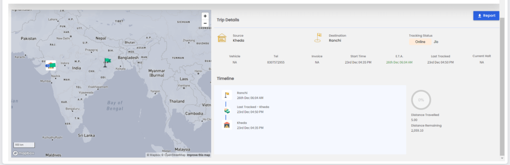 Image showing tracking of a truck from Kheda to Ranchi