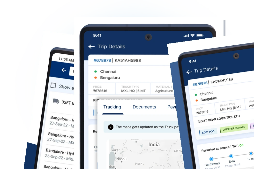 FR8 truck booking app showing live truck rates, tracking and trip details